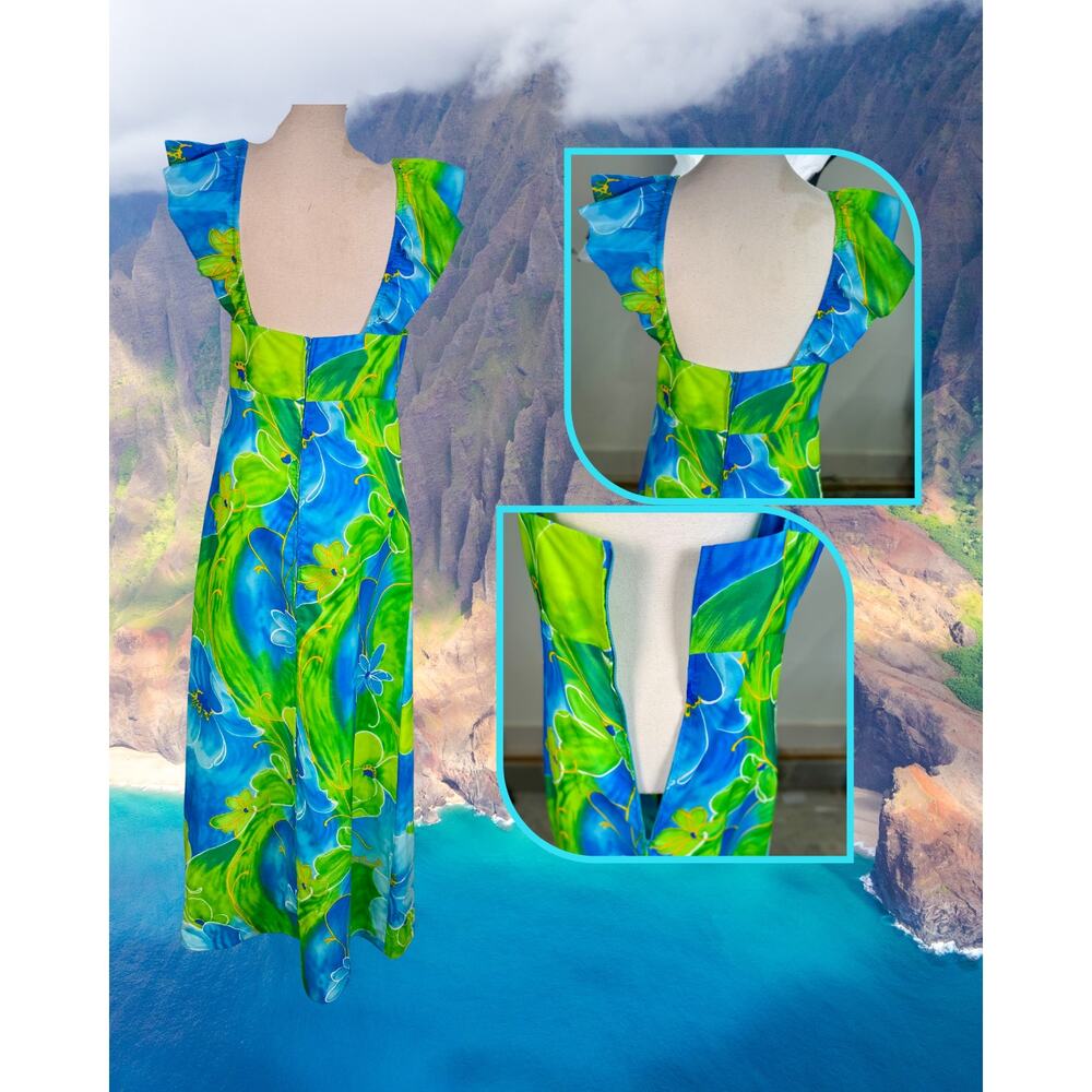 Vintage 60s Waltah Clark's Hawaiian Blue Green Empire Waist Maxi Dress 8 - Picture 3 of 3
